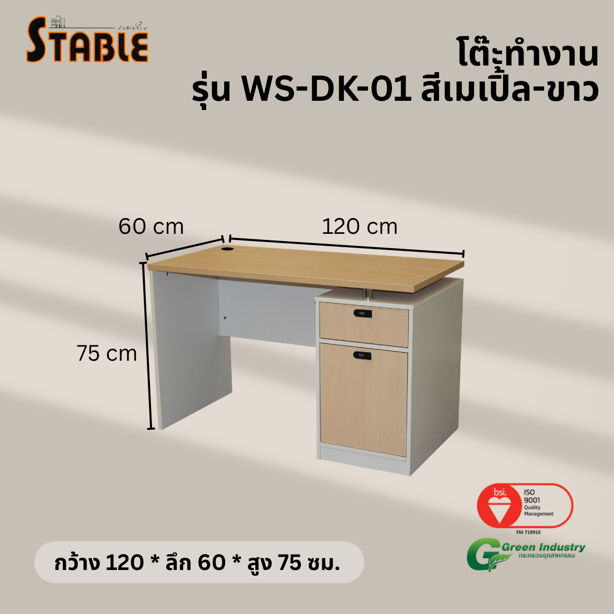 โต๊ะทำงานไม้ STABLE รุ่น WS-DK-01 120 ซม. สีเมเปิ้ล-ขาว_2